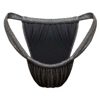 Sleek black bikini bottom with a stretchy, glittery finish, ideal for beach days and pool parties.