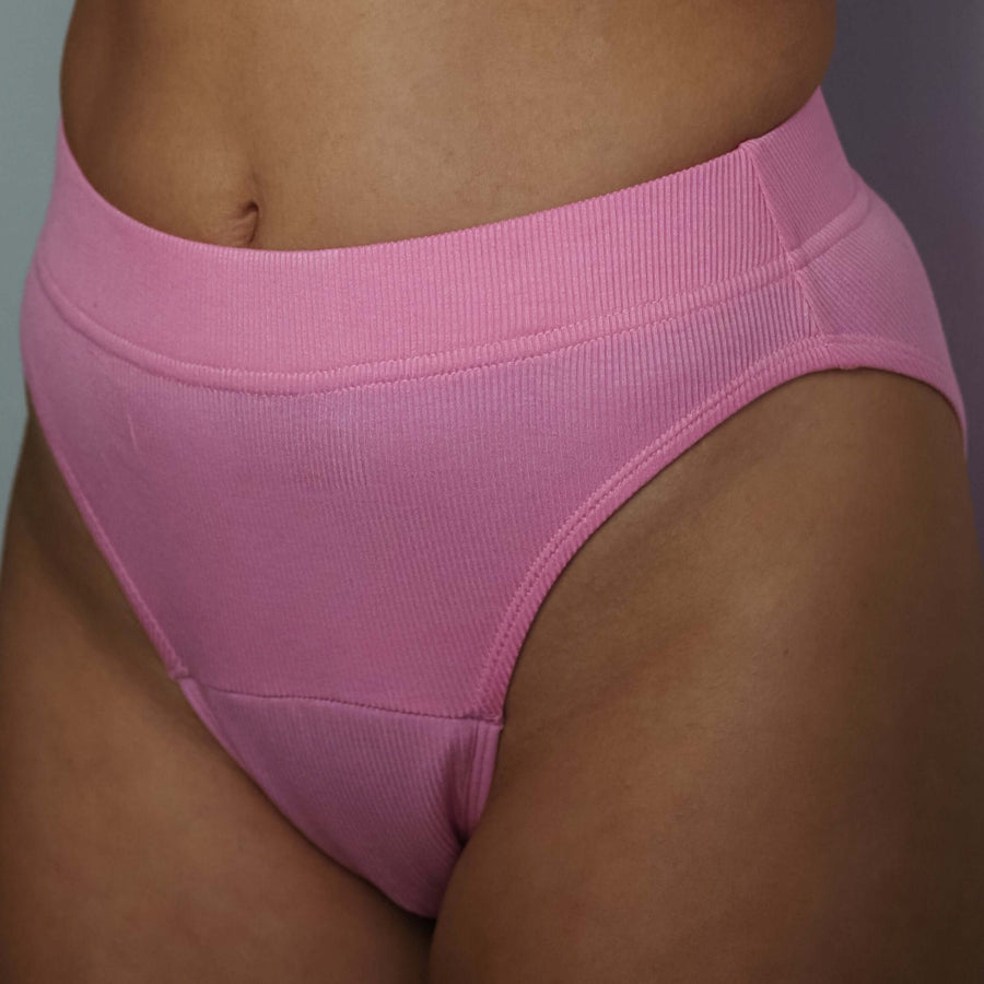 Pink Simplechicks' Period Underwear with a high-leg cut, showcasing eco-friendly design and comfortable, breathable fit.